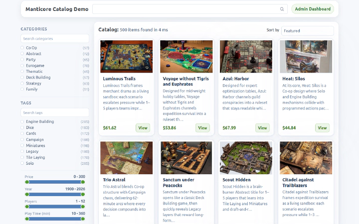 Board-game catalog search with products, facets, and filters