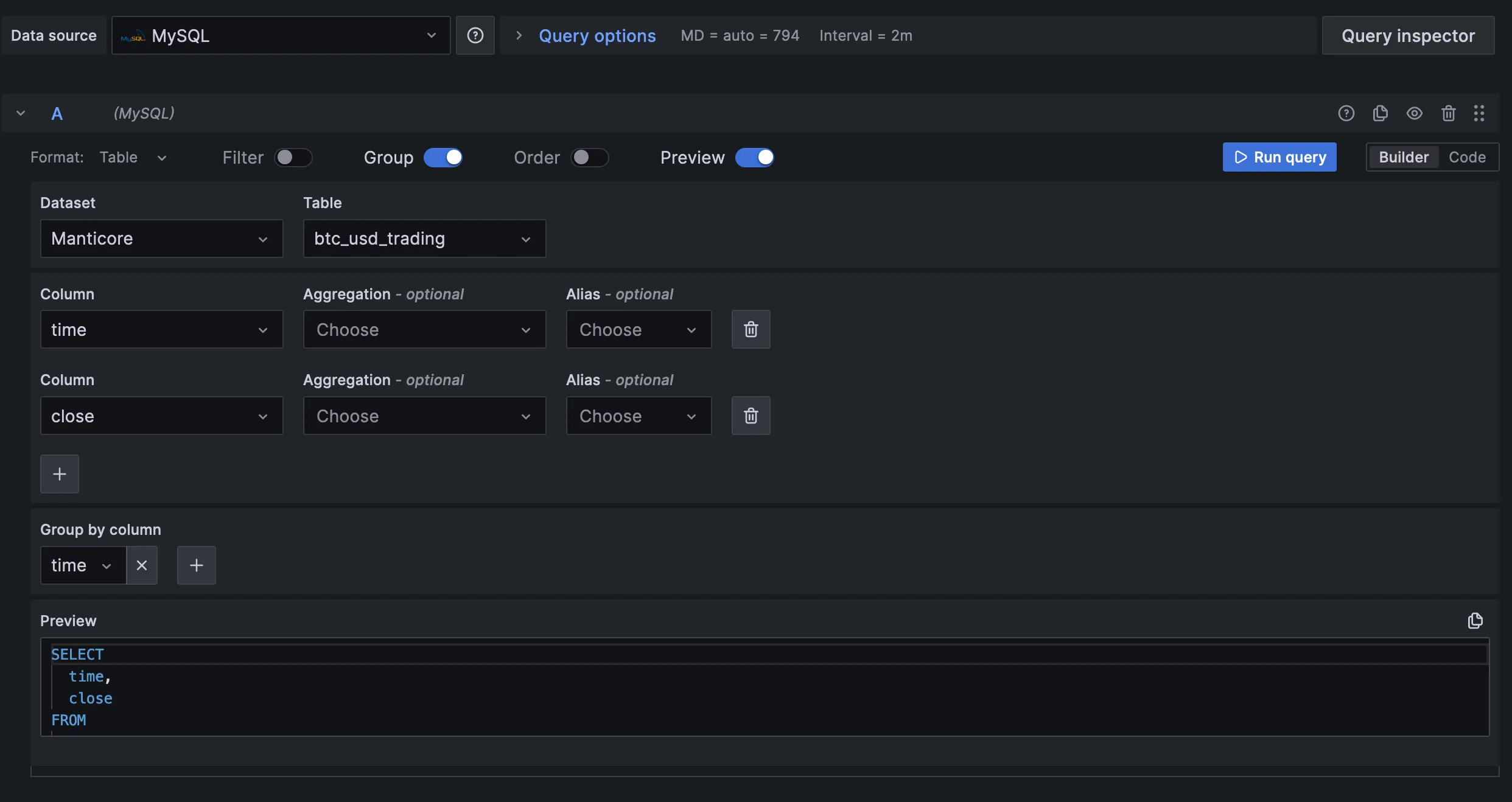 Chart query settings